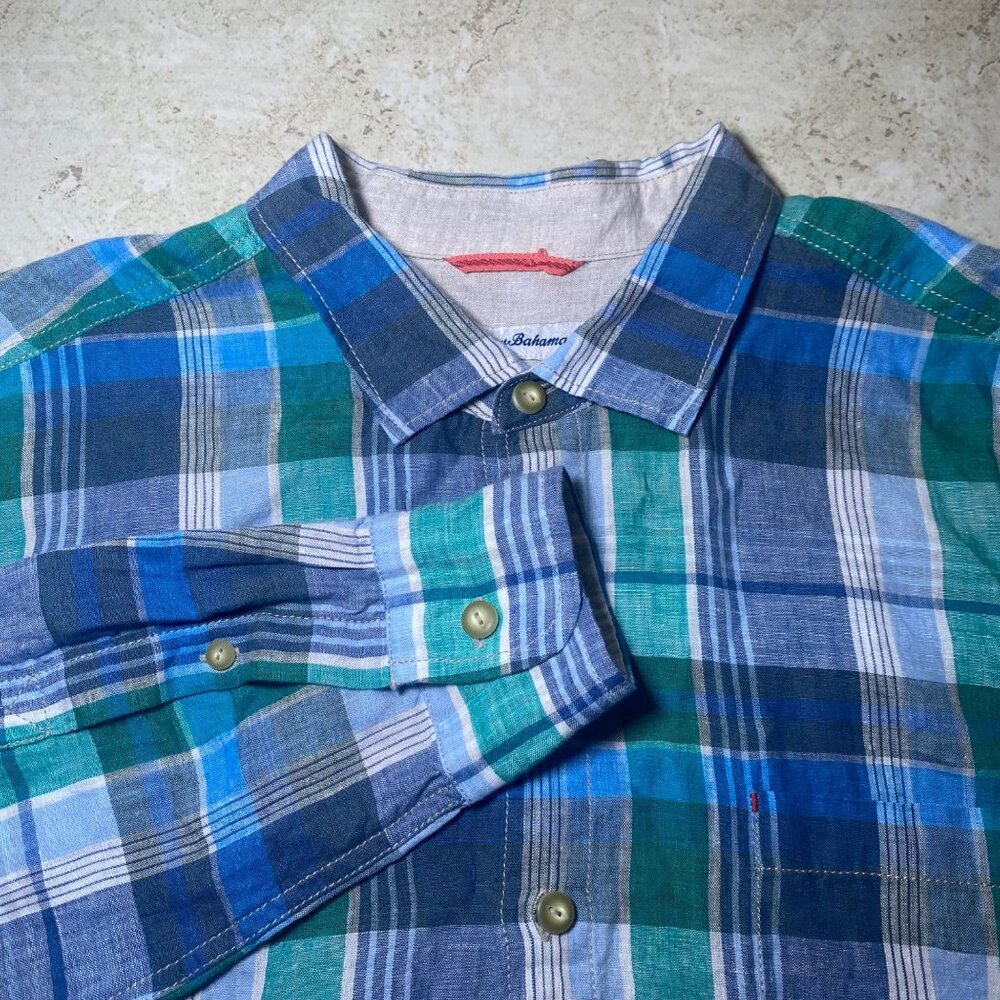 Tommy Bahama Mens‎ XL Plaid Long Sleeve 100% Linen Shirt Blue & Green Button-Up